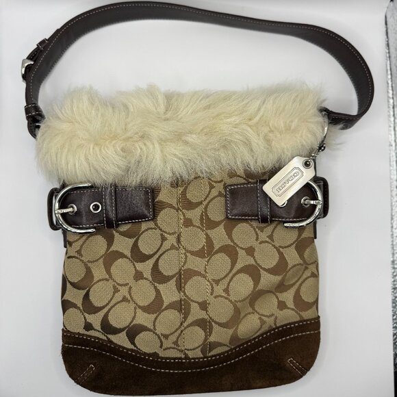 !Coach Signature Brown Canvas Suede Fur Trim Zipper Closure Buckle Shoulder Bag!